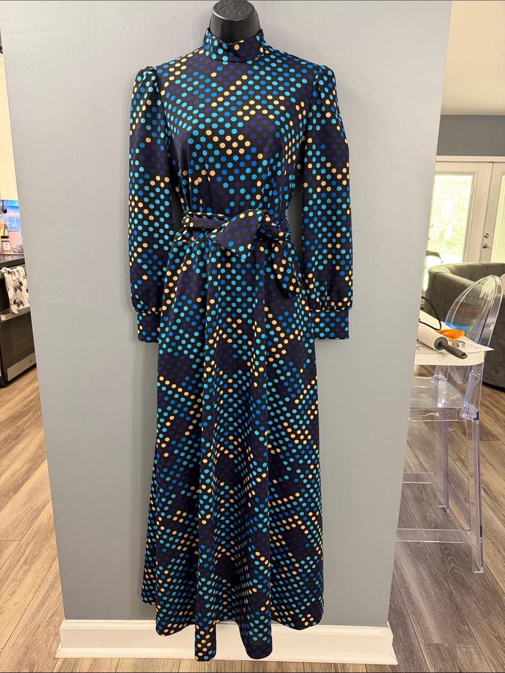 1970’s Vintage Caron of Chicago Polka Dot Maxi Dress. Mod, hippie, Carol Brady